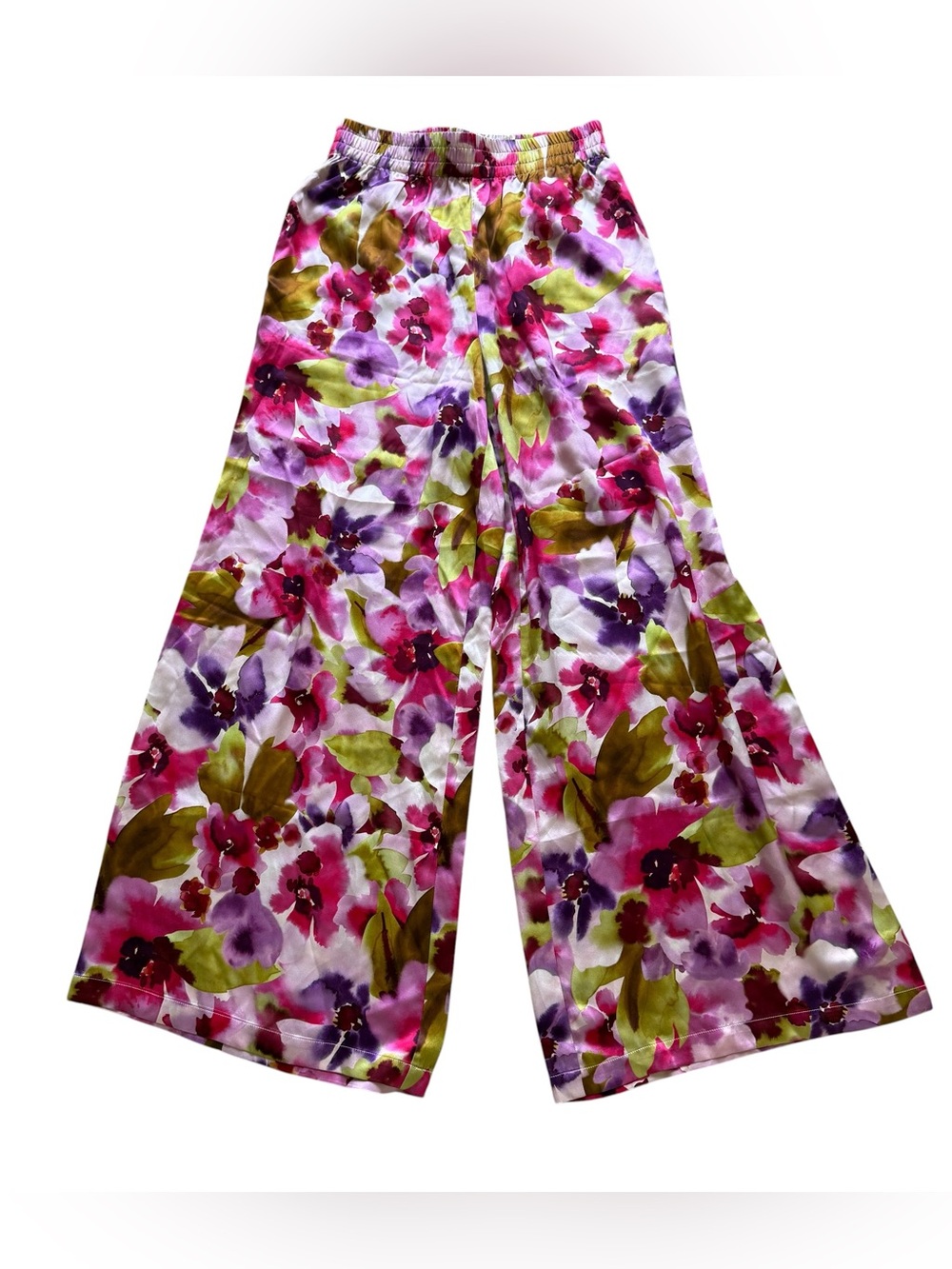 Christy Lynn Silk Floral Wide Leg Pants Pink Purple Green Elastic Waist NWOT S